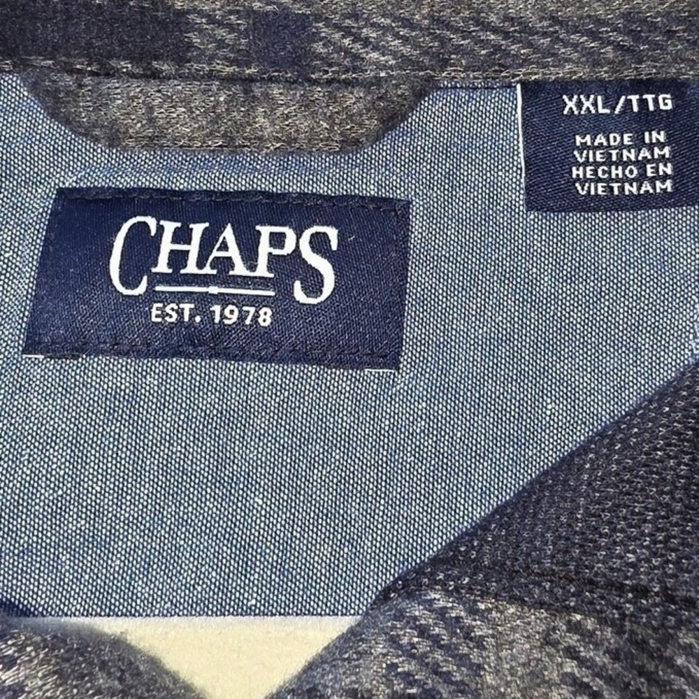Chaps Black & Gray Plaid Flannel Shirt XXL Button-Up Stretch Soft Casual Classic - Picture 4 of 6